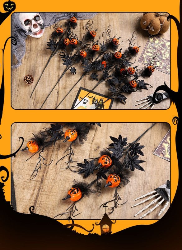 Halloween Black Twig & Pumpkin Stems (2 - Pack) - Artificial Floral Picks for Spooky Arrangements
