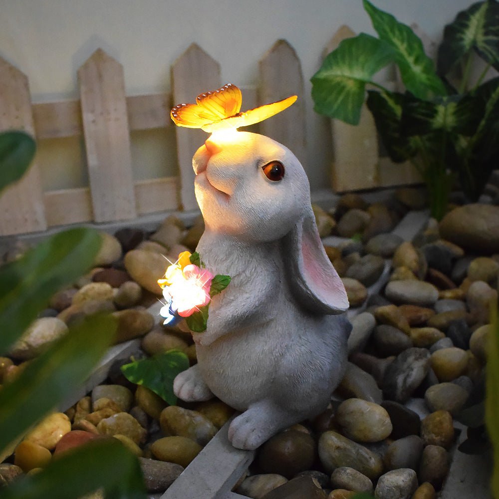 Rabbit and Butterfly Charming Solar - Powered Animal Garden Statue - Waterproof Resin Figurine with Glowing LED Accents