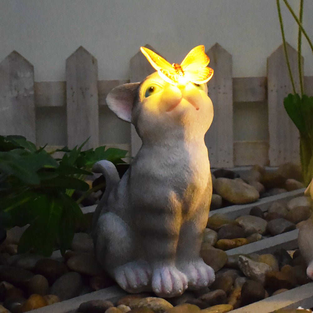 Cats and Butterflies Charming Solar - Powered Animal Garden Statue - Waterproof Resin Figurine with Glowing LED Accents