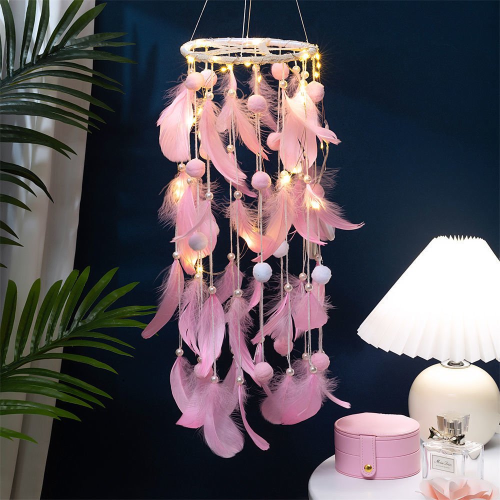 White Boho Pom Pom Feather Dreamcatcher - Whimsical Hanging Mobile for Girls Bedroom & Nursery Decor