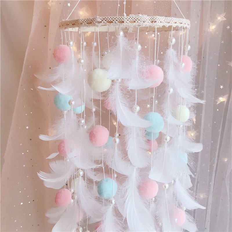 Colorful Boho Pom Pom Feather Dreamcatcher - Whimsical Hanging Mobile for Girls Bedroom & Nursery Decor