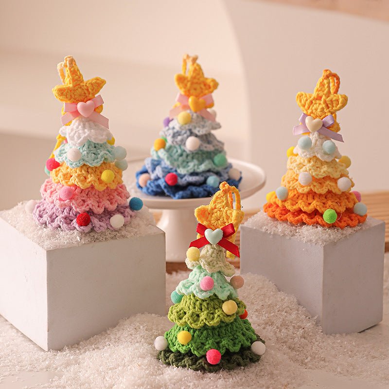 2 Pcs Handmade Crochet Christmas Tree Ornament - Plush Knitted Decoration with Bell - Ideal for Home, Car & Holiday Decor(Style C)