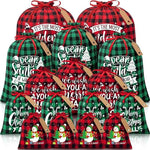 Black and white checkered Christmas Gift Drawstring Bags Set - Festive Burlap Style Pouches for Candy & Apples - Holiday Decoration - 10 Pcs