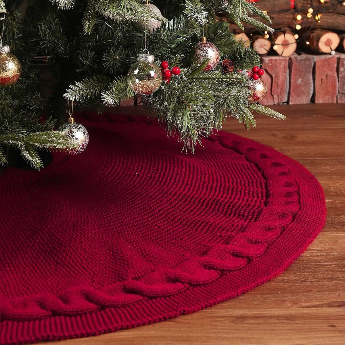 Red Luxury Knit Christmas Tree Skirt with Cable - Knit Border - Rustic Holiday Decor(62cm)