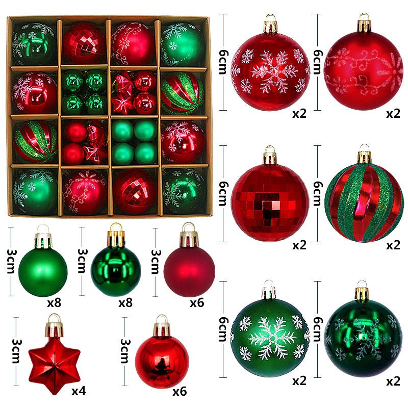 Green and red 44 - Piece Assorted Christmas Baubles Set with Elegant Designs in Wooden Gift Box - 3 - 6cm Decorative Ornaments for Tree, Home & Holiday Display