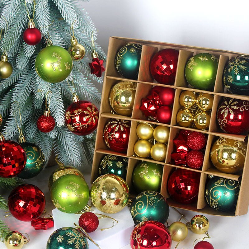 Green and red 44 - Piece Assorted Christmas Baubles Set with Elegant Designs in Wooden Gift Box - 3 - 6cm Decorative Ornaments for Tree, Home & Holiday Display