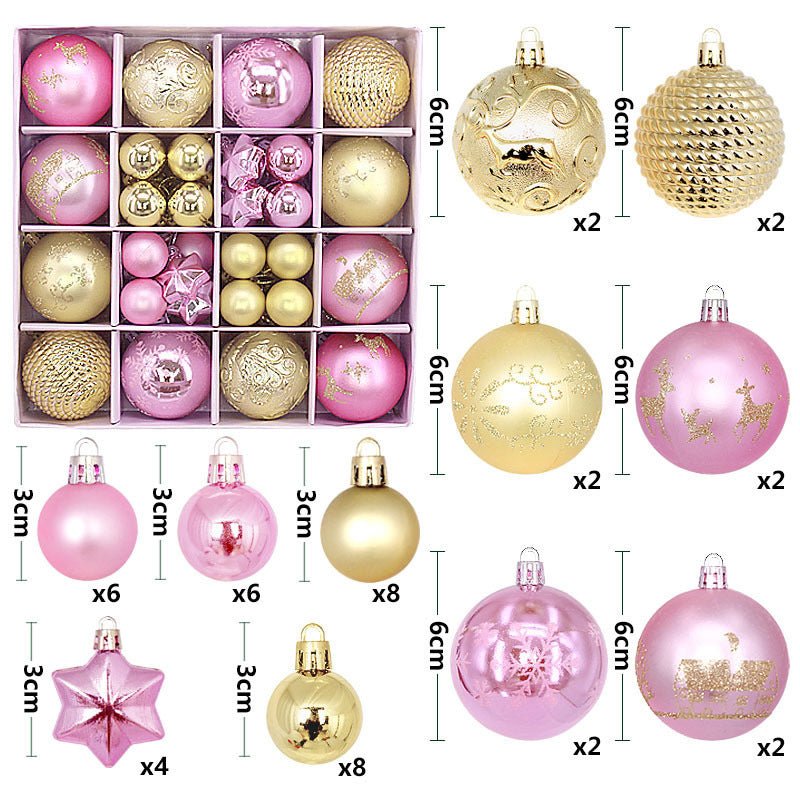 Gold and pink 44 - Piece Assorted Christmas Baubles Set with Elegant Designs in Wooden Gift Box - 3 - 6cm Decorative Ornaments for Tree, Home & Holiday Display