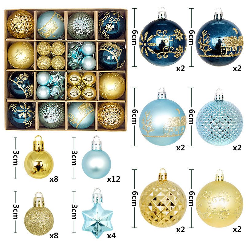 Blue and gold 44 - Piece Assorted Christmas Baubles Set with Elegant Designs in Wooden Gift Box - 3 - 6cm Decorative Ornaments for Tree, Home & Holiday Display