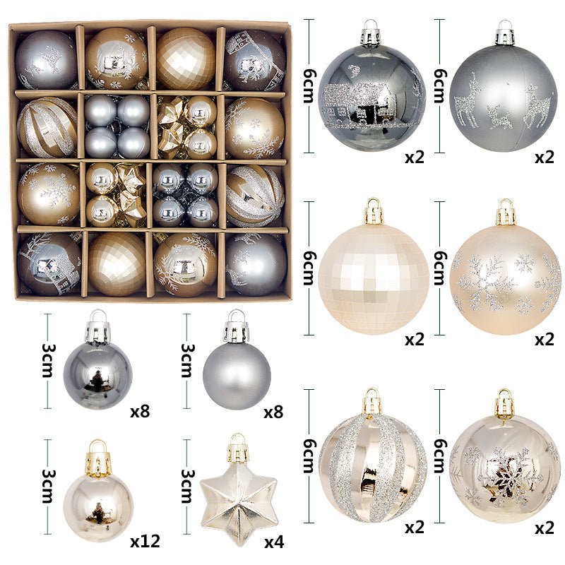 Grey and champagne gold 44 - Piece Assorted Christmas Baubles Set with Elegant Designs in Wooden Gift Box - 3 - 6cm Decorative Ornaments for Tree, Home & Holiday Display