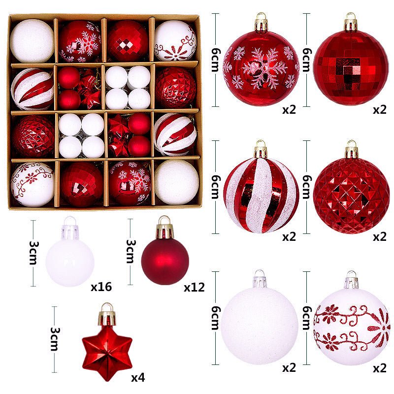Red and white 44 - Piece Assorted Christmas Baubles Set with Elegant Designs in Wooden Gift Box - 3 - 6cm Decorative Ornaments for Tree, Home & Holiday Display