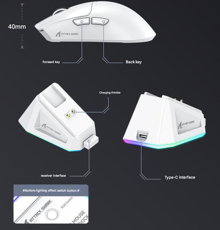 High - Performance Tri - Mode Wireless Gaming Mouse - 22000 DPI, Rechargeable, with RGB Charging Dock(white)