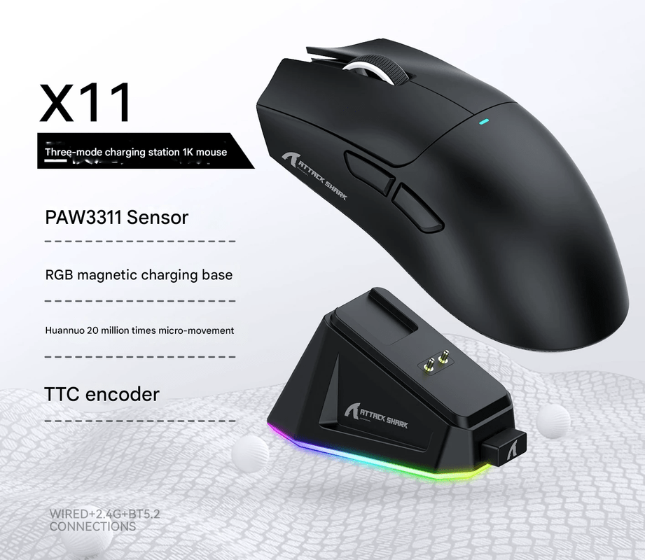 High - Performance Tri - Mode Wireless Gaming Mouse - 22000 DPI, Rechargeable, with RGB Charging Dock(black)