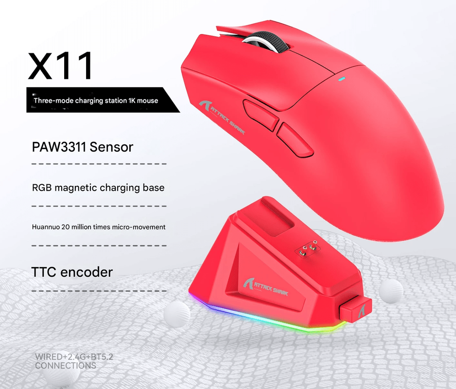 High - Performance Tri - Mode Wireless Gaming Mouse - 22000 DPI, Rechargeable, with RGB Charging Dock(red)