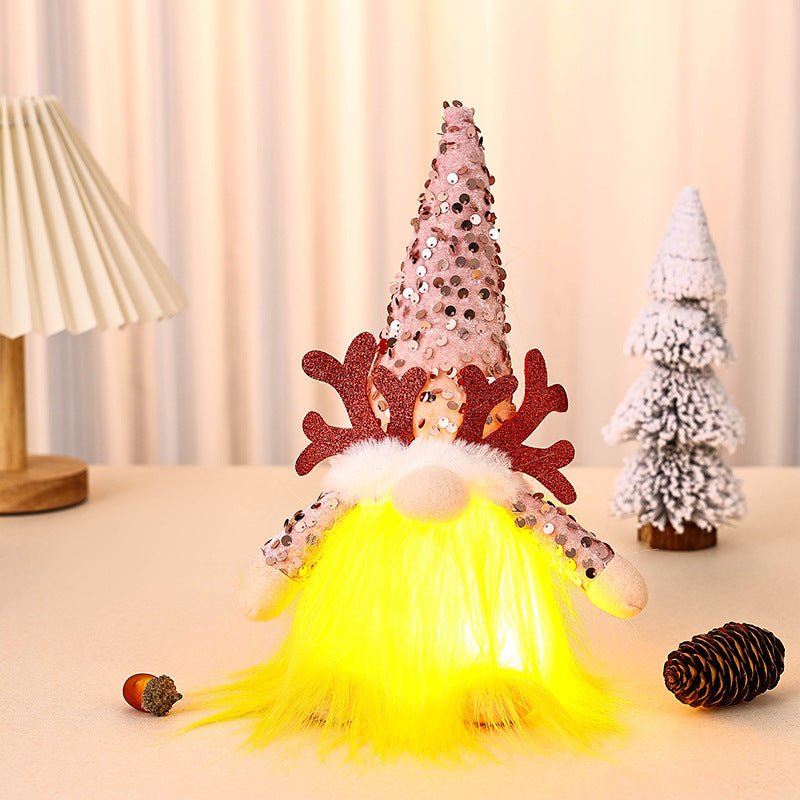 Light - Up Christmas Gnome Plush Doll with Sequin Hat & Antlers - Festive LED Tabletop Decoration(pink)