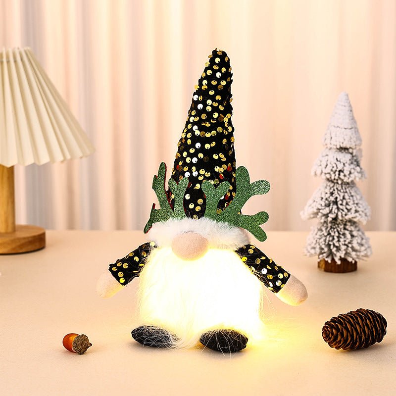 Light - Up Christmas Gnome Plush Doll with Sequin Hat & Antlers - Festive LED Tabletop Decoration(gold)