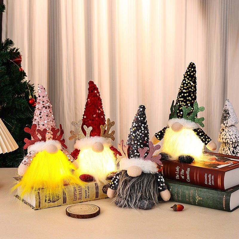 Light - Up Christmas Gnome Plush Doll with Sequin Hat & Antlers - Festive LED Tabletop Decoration(gold)
