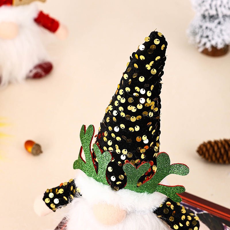 Light - Up Christmas Gnome Plush Doll with Sequin Hat & Antlers - Festive LED Tabletop Decoration(gold)