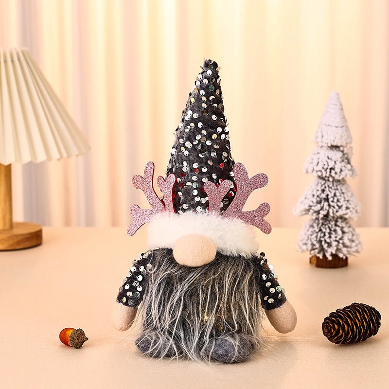 Light - Up Christmas Gnome Plush Doll with Sequin Hat & Antlers - Festive LED Tabletop Decoration(silver)