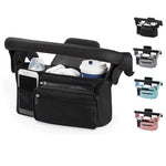 Grey and Black Stitching Universal Stroller Organiser Caddy with Insulated Cup Holders and Detachable Wristlet