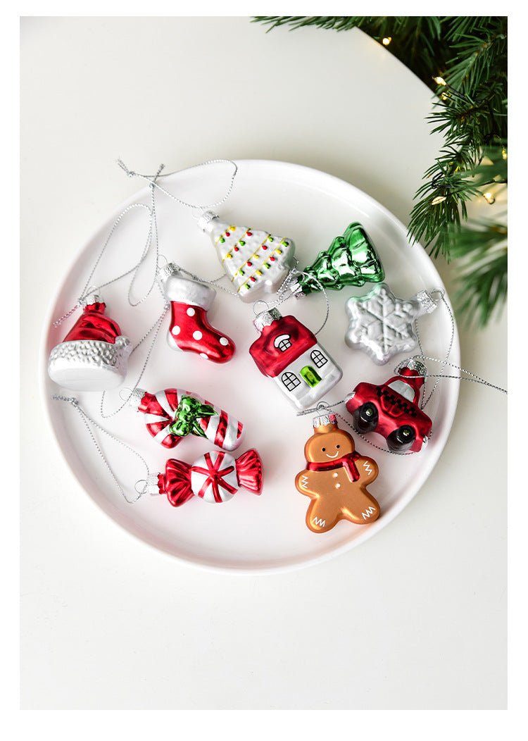 Style A Colorful Charming Miniature Glass Christmas Ornament Set - 9pc Classic Holiday Figures