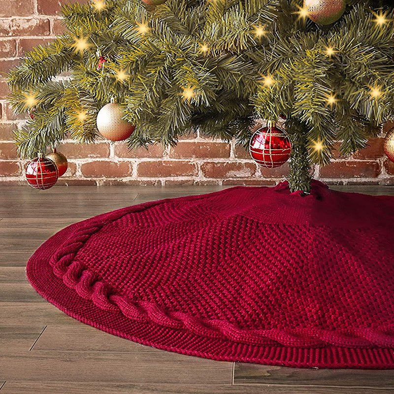 Festive Knit Christmas Tree Skirt - Acrylic Red Tree Mat with Pom - Poms 122cm
