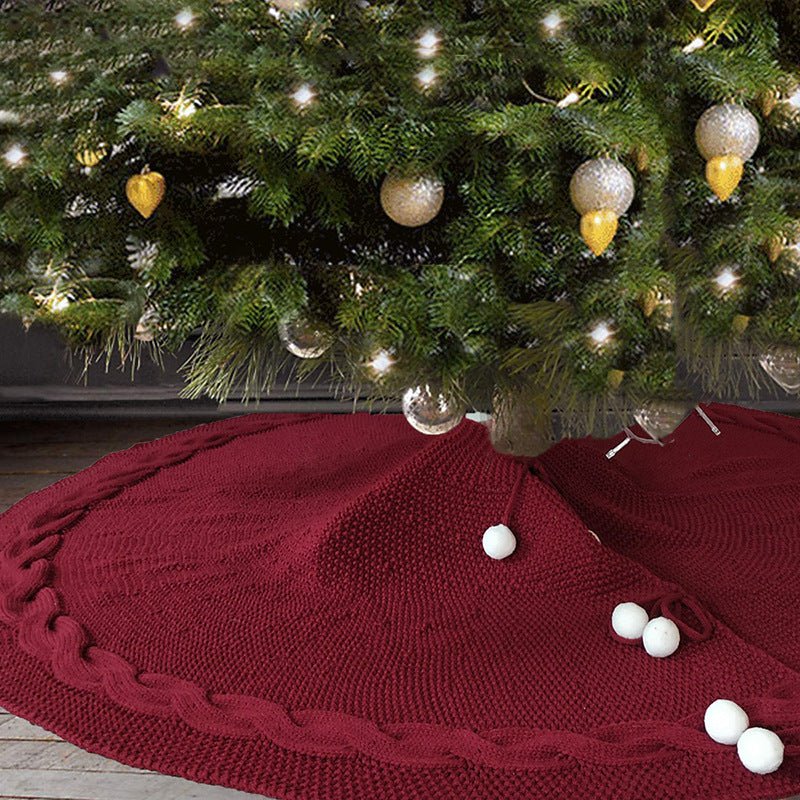Festive Knit Christmas Tree Skirt - Acrylic Red Tree Mat with Pom - Poms 122cm