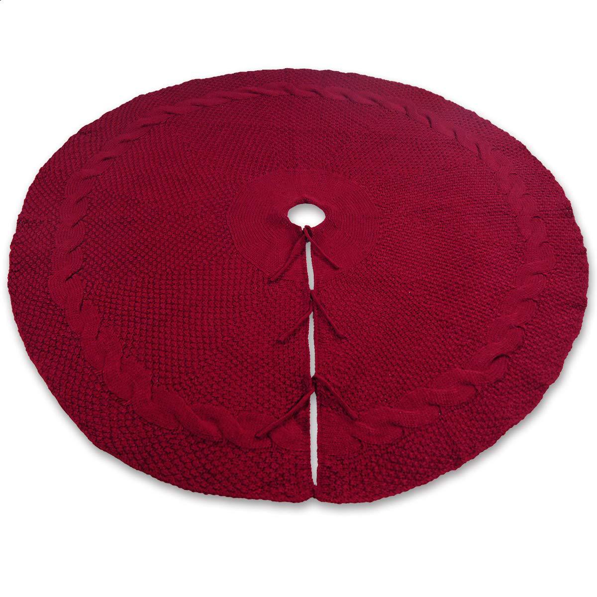 Festive Knit Christmas Tree Skirt - Acrylic Red Tree Mat with Pom - Poms 122cm