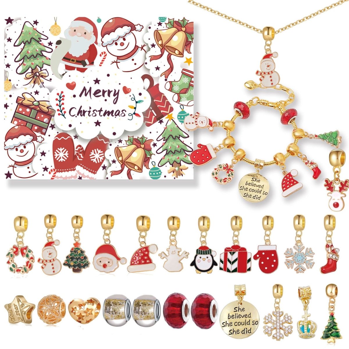 Gold Christmas Advent Calendar DIY Jewelry Kit - 24 Surprises with Gold - Tone Charm Bracelet & Necklace