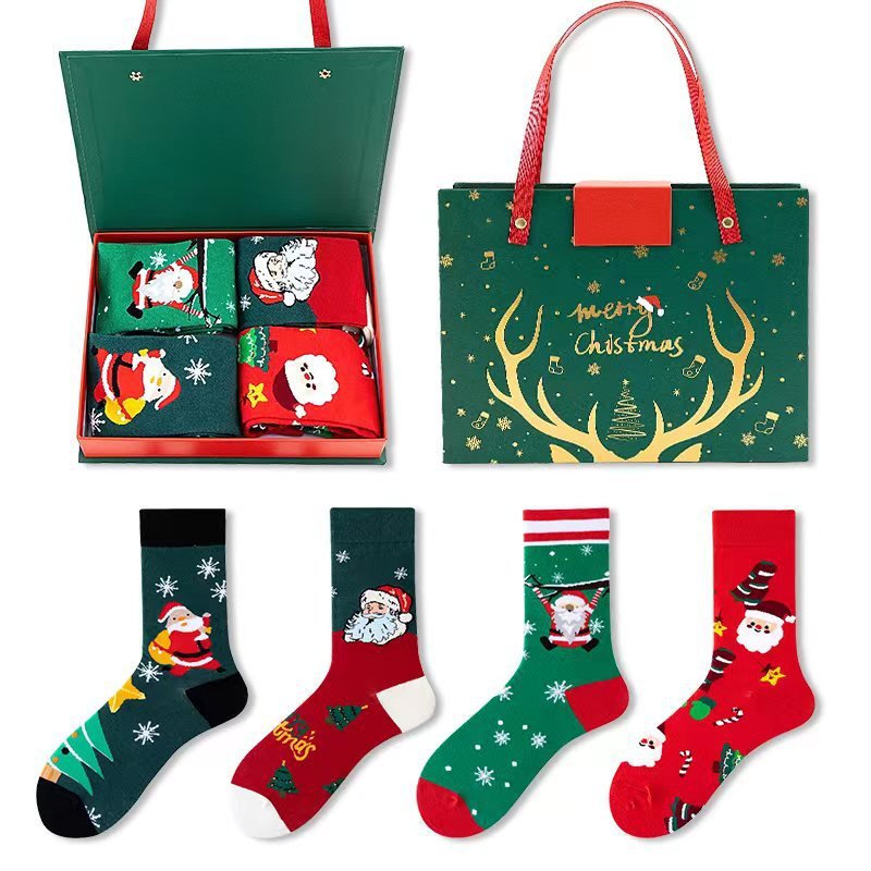 Festive 4 - Pair Christmas Sock Gift Box Set - European & American Santa & Snowman Cartoon Cotton Socks