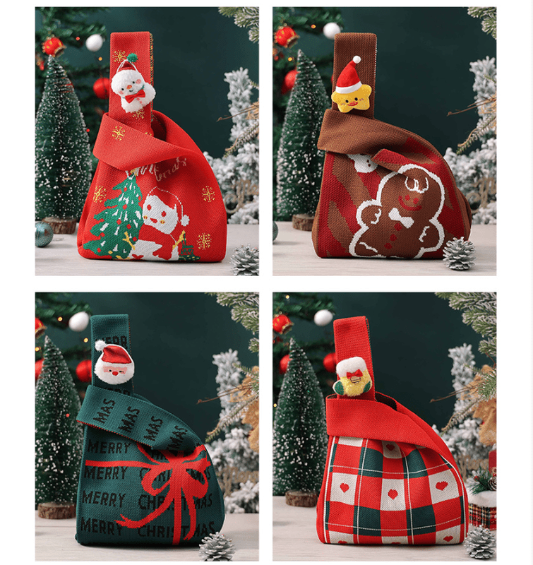Festive 4 - Piece Christmas Gift Bag Set - Adorable Knitted Holiday Treat & Present Pouches