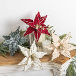 Dazzling 4 - Piece 26cm Christmas Poinsettia Flower Set - Red & Gold Glitter Velvet Artificial Flowers for Christmas Tree Decoration & Sprigs