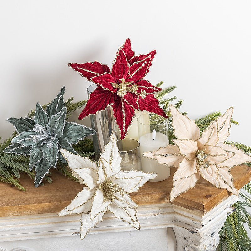 Dazzling 4 - Piece 26cm Christmas Poinsettia Flower Set - Red & Gold Glitter Velvet Artificial Flowers for Christmas Tree Decoration & Sprigs