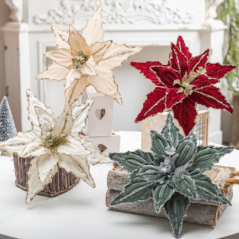 Dazzling 4 - Piece 26cm Christmas Poinsettia Flower Set - Red & Gold Glitter Velvet Artificial Flowers for Christmas Tree Decoration & Sprigs