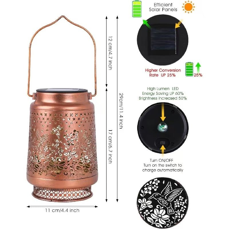 2 - Pack Decorative Solar Hummingbird Lantern(11x11x17CM) - Waterproof Hanging Iron Art Outdoor Projection Light for Garden and Patio (Up to 12 Hrs Illumination)