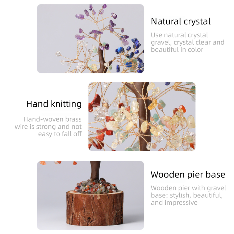 Purple Natural Crystal Hand-woven Gemstone Money Tree Ornament (H: 23 cm) - Wind-Soothing Healing Stone Tree of Life, Wooden Stump and Stone Base