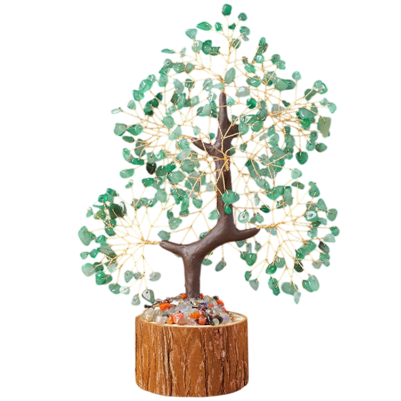 Green Aventurine Natural Crystal Hand-woven Gemstone Money Tree Ornament (H: 23 cm) - Wind-Soothing Healing Stone Tree of Life, Wooden Stump and Stone Base
