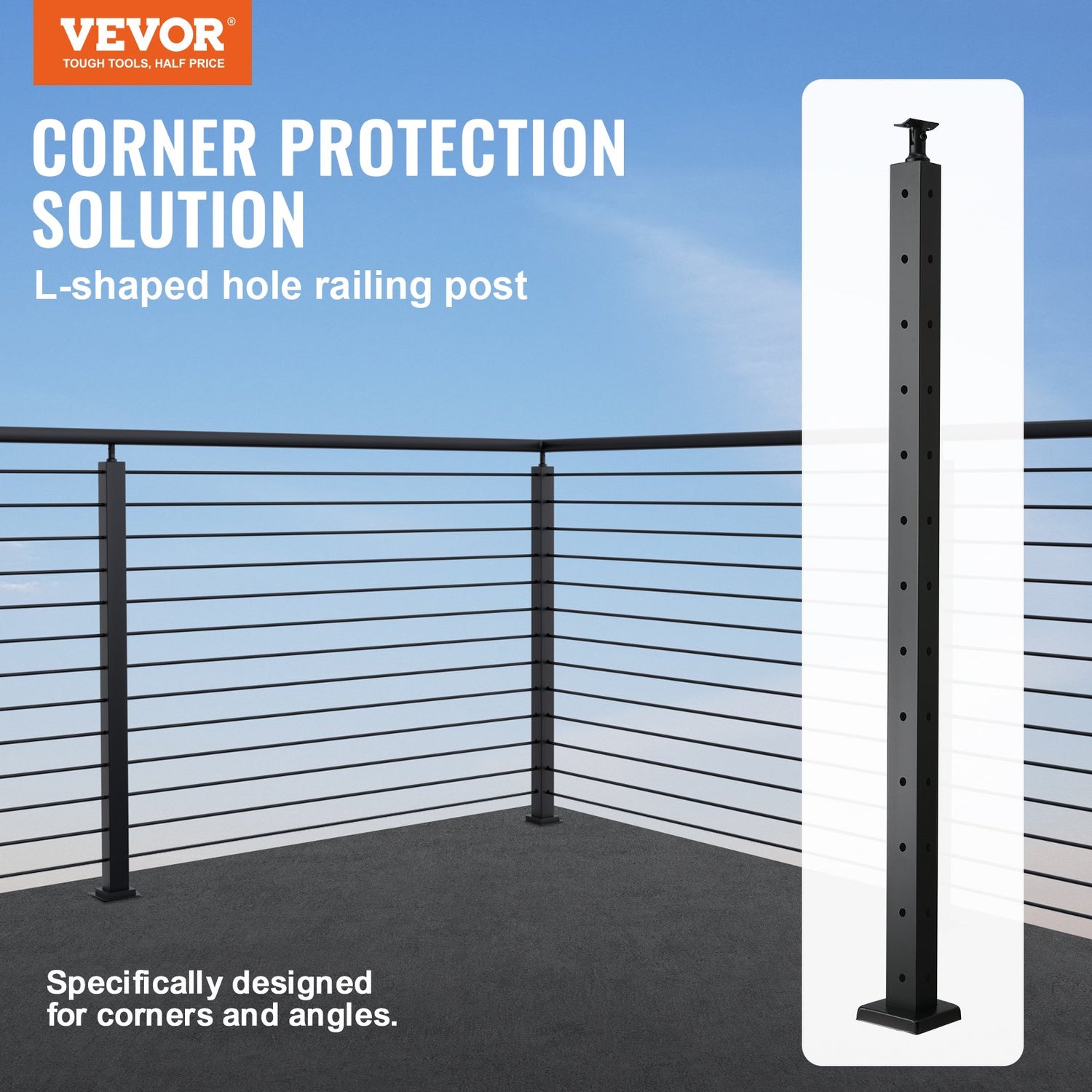 VEVOR Cable Railing Post, 42" x 1" x 2" Steel L-Shaped Hole Corner Railing Post, 12 Pre-Drilled Holes, SUS304 Stainless Steel Cable Rail Post with Horizontal and Curved Bracket, 1-Pack, Black, 106.7*2.5*5 cm