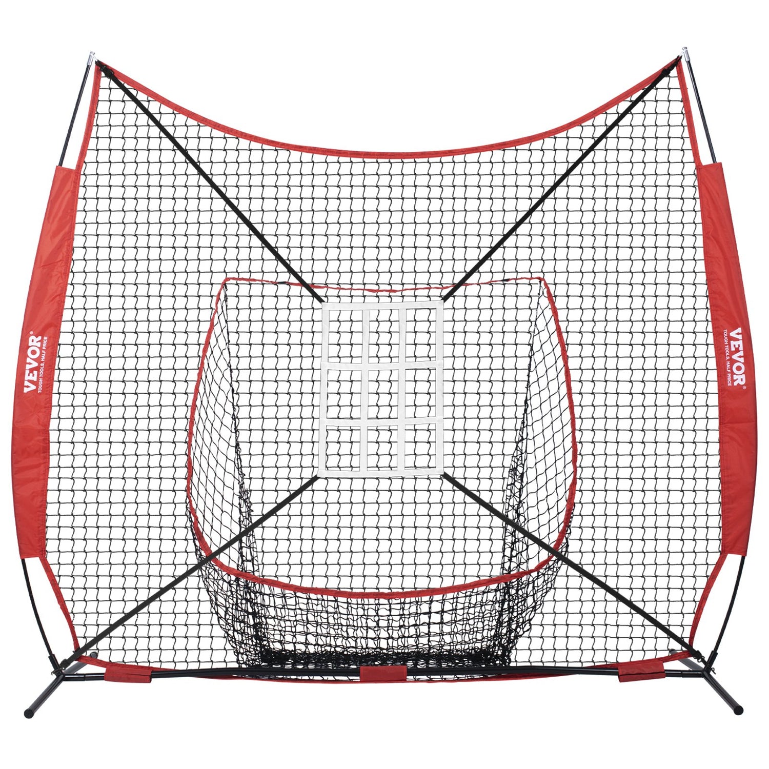 VEVOR 7x7 ft Baseball Softball Practice Net, Portable Baseball Training Net for Hitting Catching Pitching, Backstop Equipment with Bow Frame, Carry Bag, Strike Zone, 12 Balls, Tee, and Ball Collector