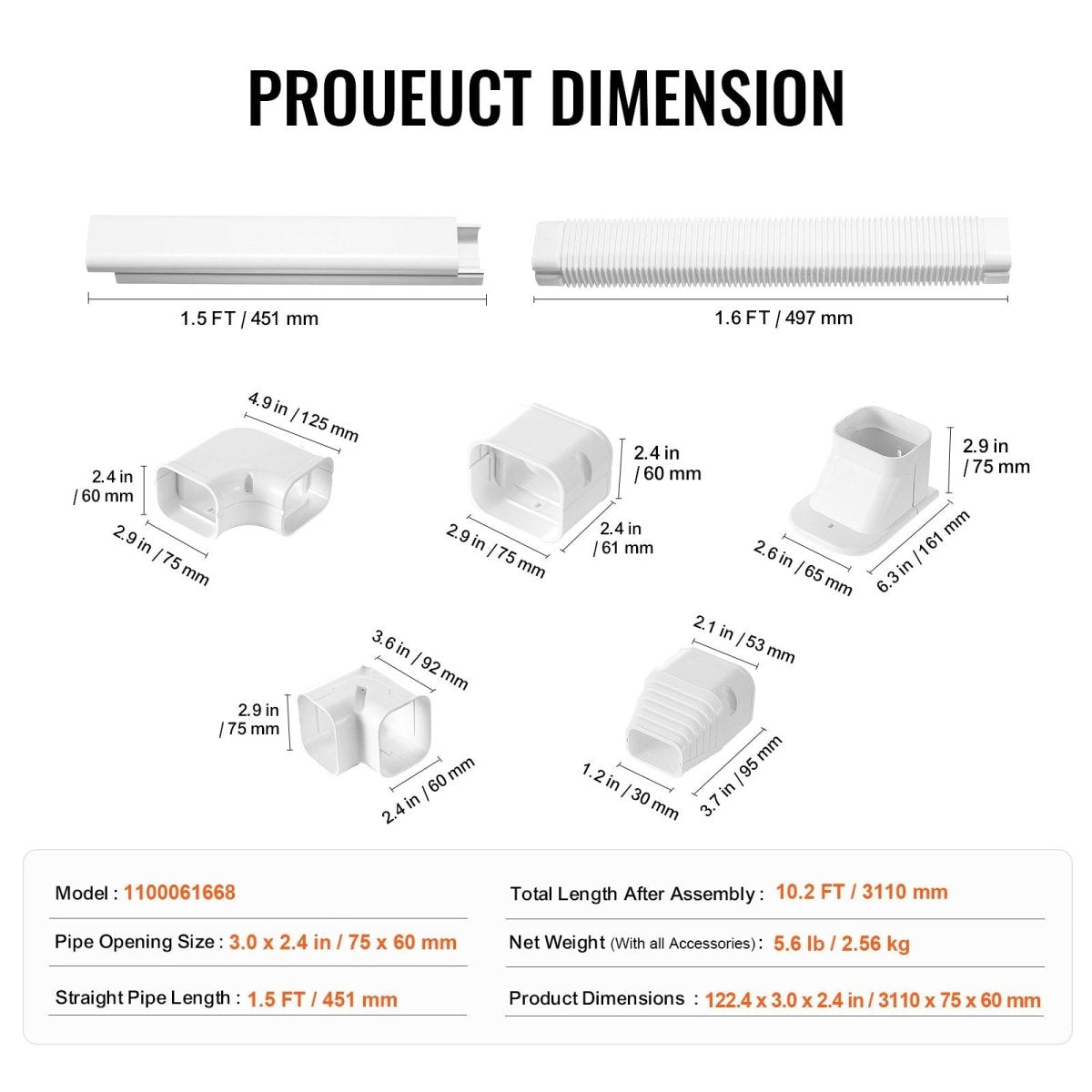 VEVOR Mini Split Line Set Cover 76.2mm W 3110mm L, PVC Decorative Pipe Line Cover For Air Conditioner with 5 Straight Ducts & Full Components Easy to Install, Paintable for Heat Pumps, White