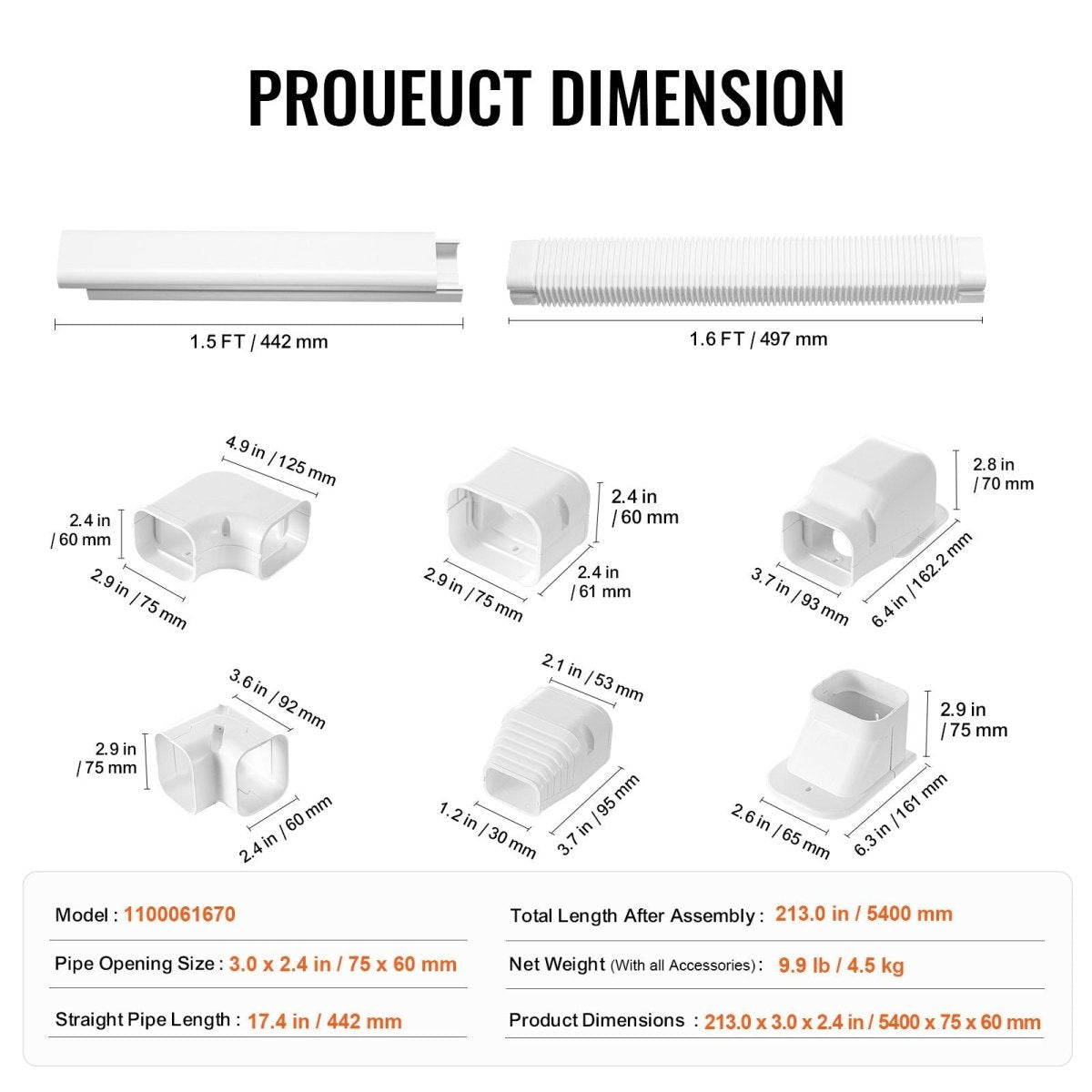 VEVOR Mini Split Line Set Cover 76.2mm W 5400mm L, PVC Decorative Pipe Line Cover For Air Conditioner with 10 Straight Ducts & Full Components Easy to Install, Paintable for Heat Pumps, White