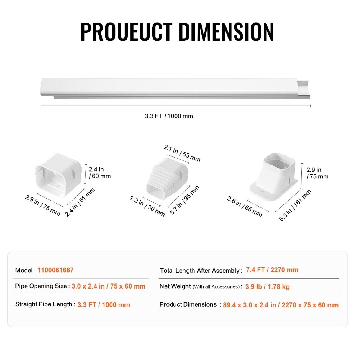 VEVOR Mini Split Line Set Cover 76.2mm W 2270mm L, PVC Decorative Pipe Line Cover For Air Conditioner with 2 Straight Ducts & Full Components Easy to Install, Paintable for Heat Pumps, White