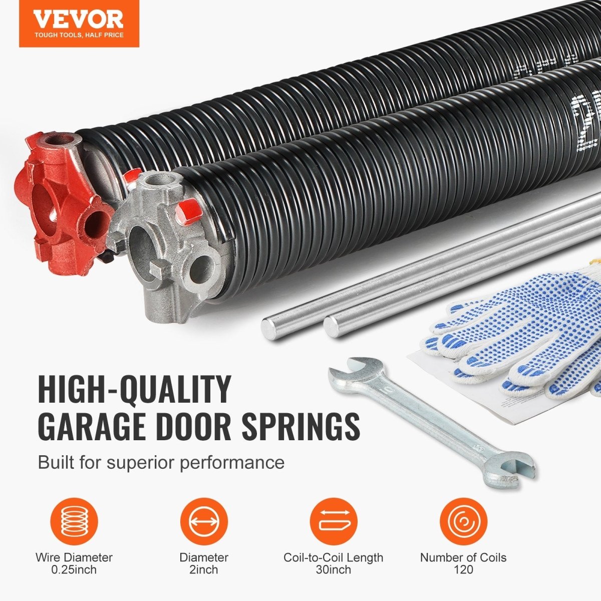 VEVOR Garage Door Torsion Springs, 16000 Cycles, Pair of 0.25 x 2 x 30inch, Garage Door Springs with Non - Slip Winding Bars, Mounting Tool and Gloves, Electrophoresis Coated, for Replacement