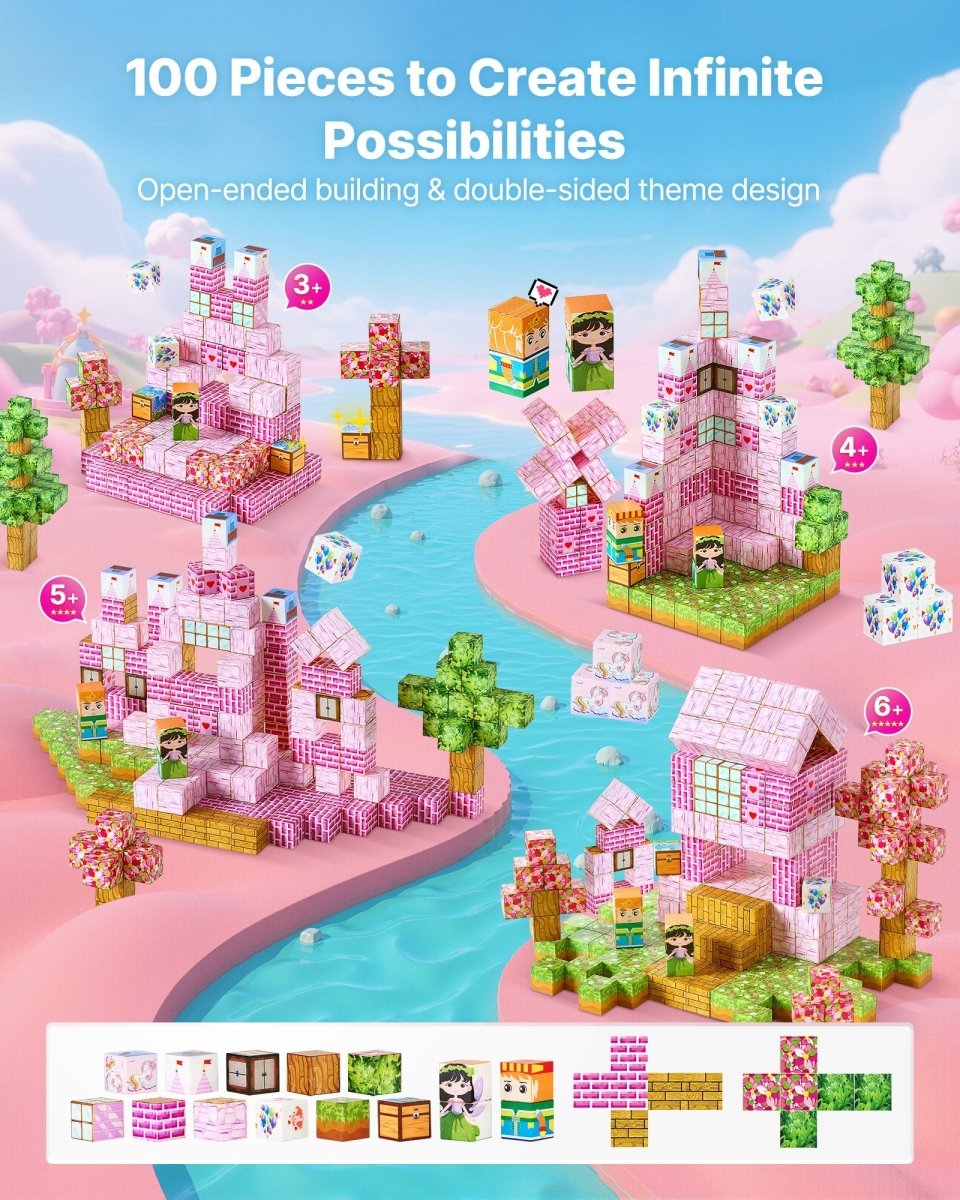 VEVOR Magnetic Blocks, 100 PCS Princess Castle Set, Magnetic Building Cubes for Kids, STEM Montessori Sensory Toys for Christmas Birthday Gift, Construction Stacking Toy for 3+ Years Old Boys & Girls