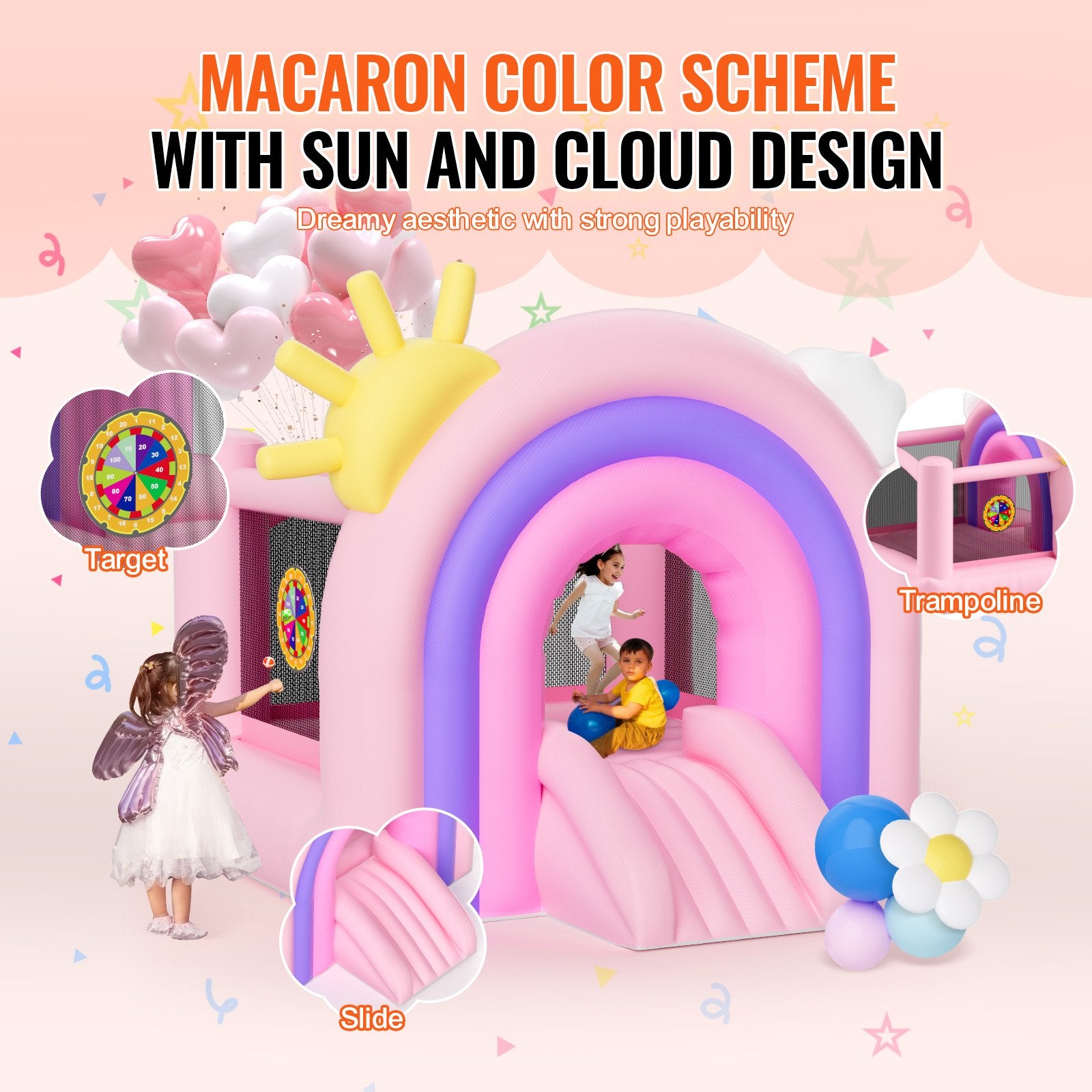 VEVOR Inflatable Bounce House, Indoor Outdoor Playhouse Trampoline, Kid Jumping Bouncer with Blower, Slide, Storage Bag, Family Backyard Bouncy Castle, for Girls Boys Ages 3_8 Years, 2.8x2.3x2.3m