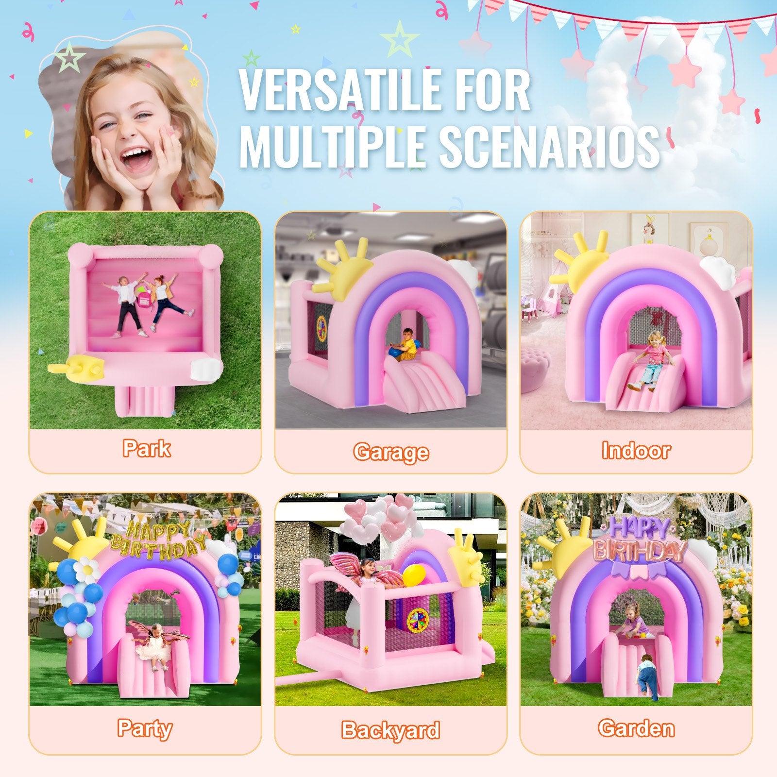 VEVOR Inflatable Bounce House, Indoor Outdoor Playhouse Trampoline, Kid Jumping Bouncer with Blower, Slide, Storage Bag, Family Backyard Bouncy Castle, for Girls Boys Ages 3_8 Years, 2.8x2.3x2.3m