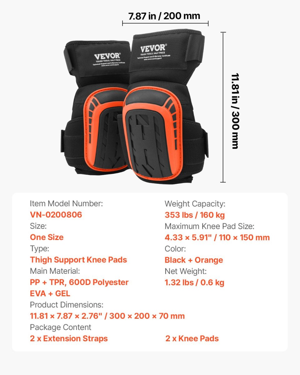 VEVOR Knee Pads for Work, Extended Heavy Duty Construction Knee Pads with 2 Extension Straps, Anti - slip Foam Gel Knee Pads, Men & Women, for Gardening Flooring Roofing and Cleaning, Black and Orange