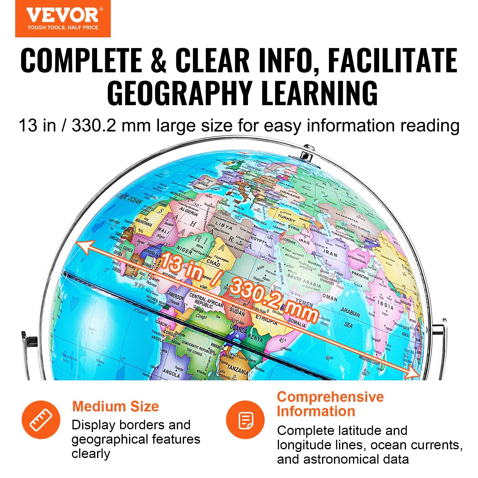 VEVOR Rotating World Globe with Stand, 330.2 mm, Educational Geographic Globe with Precise Time Zone ABS Material, Spinning Globe for Kids Children Learning Classroom Geography Education