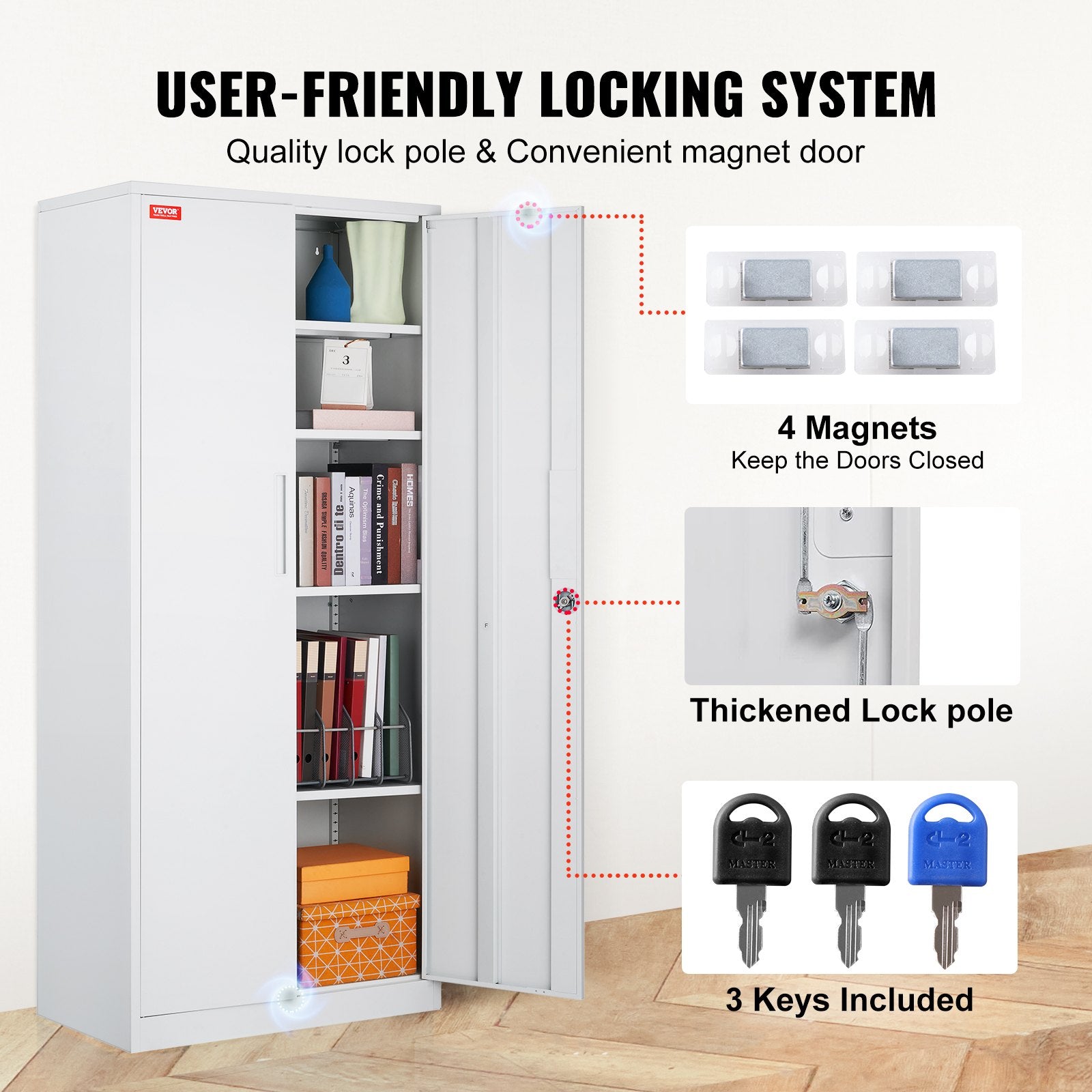 VEVOR Metal Storage Cabinet w/ 3 Keys Adjustable Shelves & Magnetic Door White