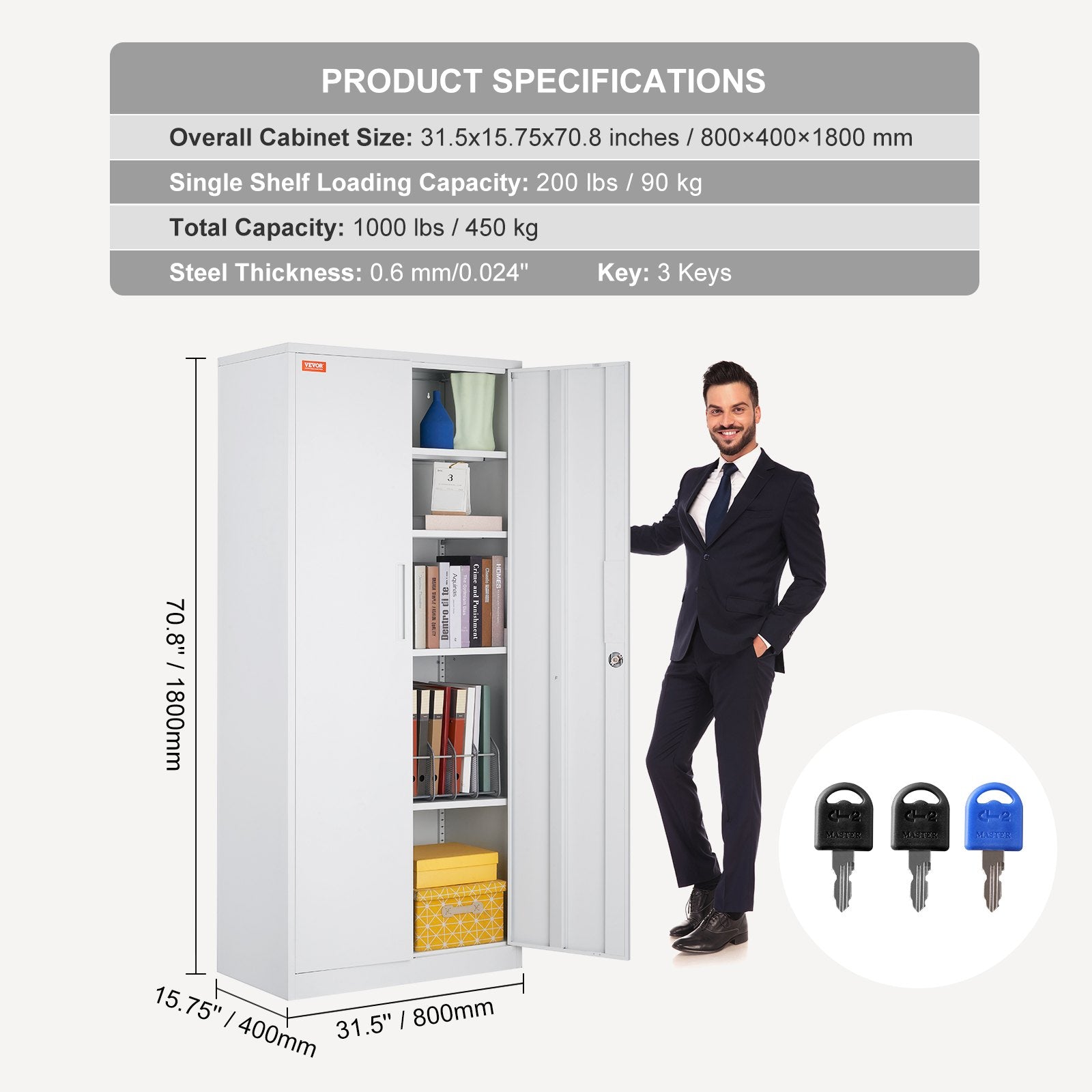VEVOR Metal Storage Cabinet w/ 3 Keys Adjustable Shelves & Magnetic Door White