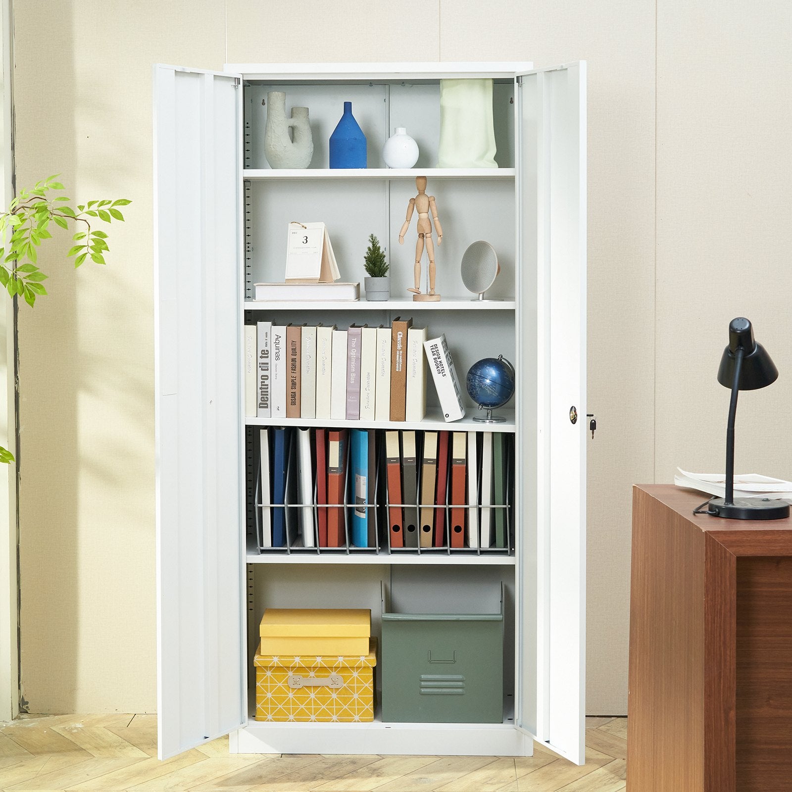 VEVOR Metal Storage Cabinet w/ 3 Keys Adjustable Shelves & Magnetic Door White